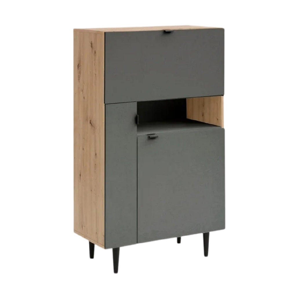 **Meuble de rangement moderne en bois et métal avec portes coulissantes**